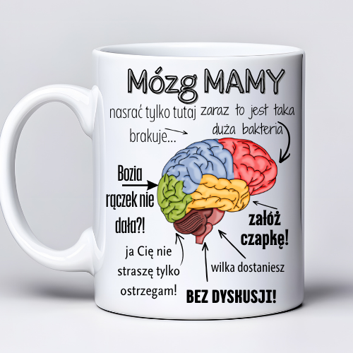 Kubek z nadrukiem 330ml z napisem „Mózg Mamy – nasrać tylko tutaj zaraz to jest taka duża bakteria brakuje… Bez dyskusji!”