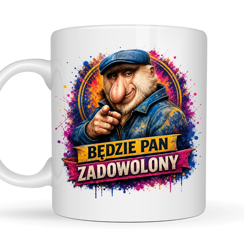 Kubek z nadrukiem 330 ml Będzie Pan zadowolony – śmieszny kubek dla niego, mechanika, fachowca, majsterkowicza – zabawny prezent