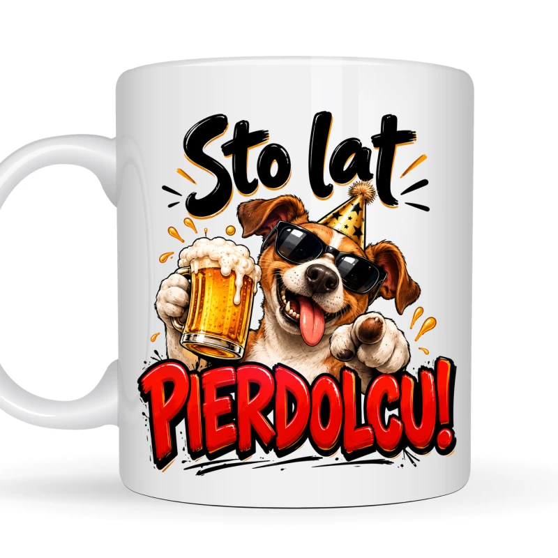 Kubek 330 ml z nadrukiem: Sto lat P******u! – pies z piwem