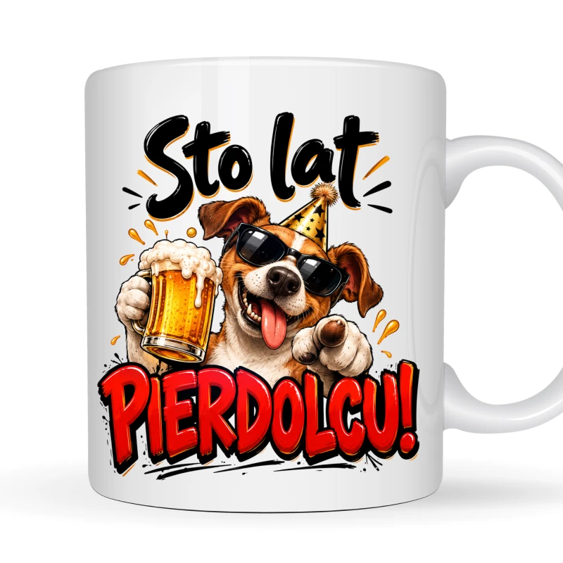 Kubek 330 ml z nadrukiem: Sto lat P******u! – pies z piwem