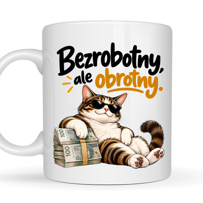 Kubek 330ml Bezrobotny, ale obrotny – zabawny kot z pieniędzmi