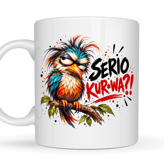 Kubek 330 ml „SERIO KUR*WA?!” z kolorową papugą, śmieszny prezent