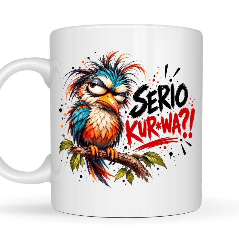 Kubek 330 ml „SERIO KUR*WA?!” z kolorową papugą, śmieszny prezent