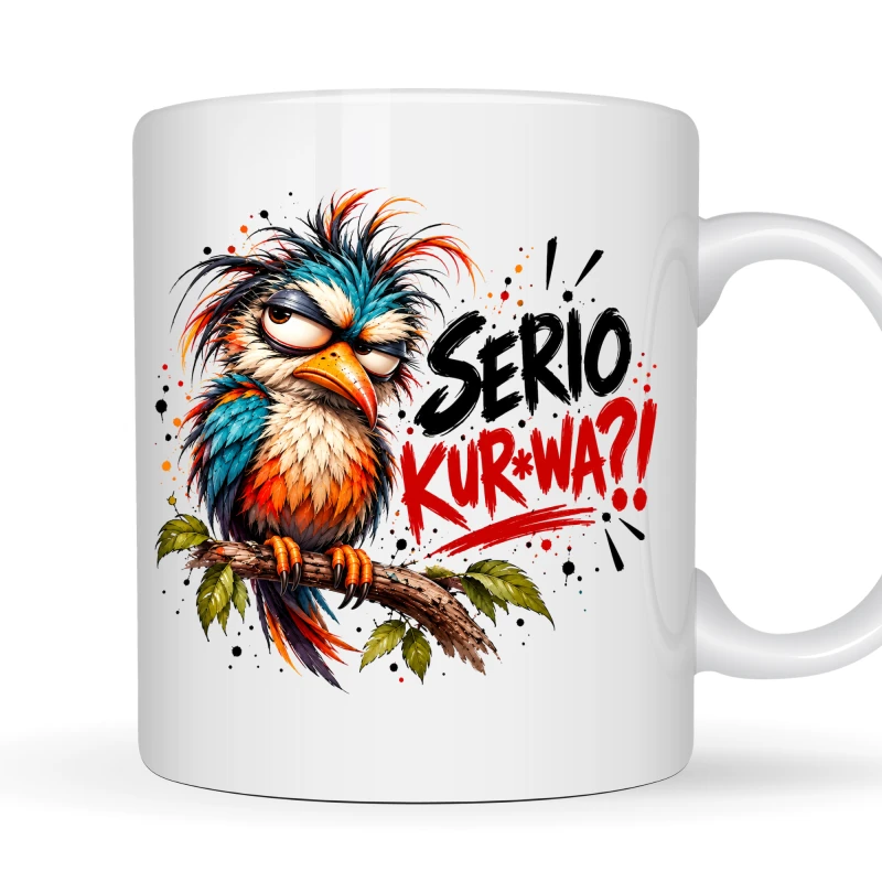 Kubek 330 ml „SERIO KUR*WA?!” z kolorową papugą, śmieszny prezent