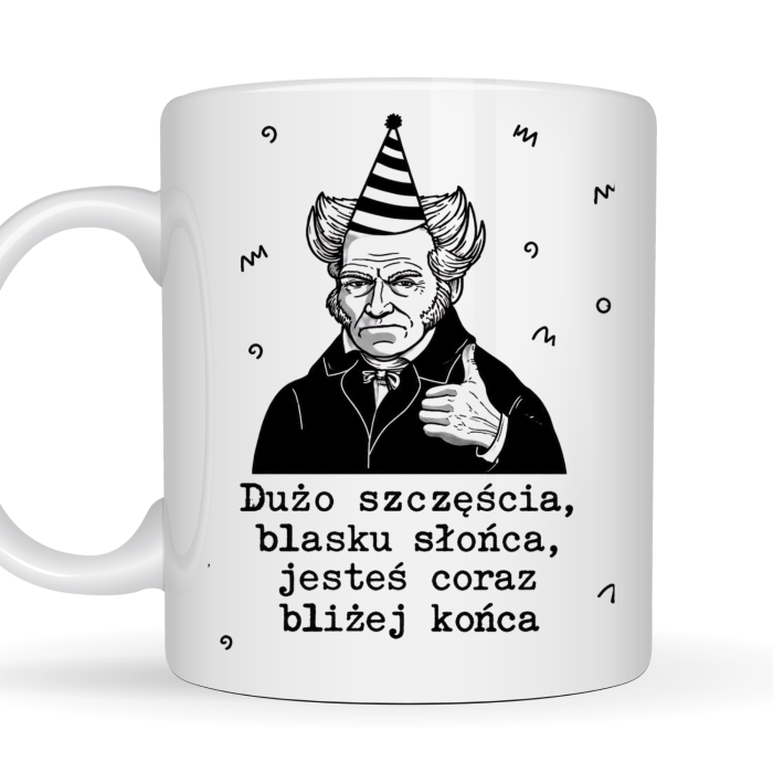 Kubek 330 ml „Dużo szczęścia, blasku słońca, jesteś coraz bliżej końca” na urodziny