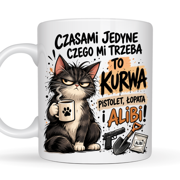 Kubek 330 ml z zabawnym kotem – Czasami jedyne czego mi trzeba to kur**wa pistolet, łopata i alibi, śmieszny prezent