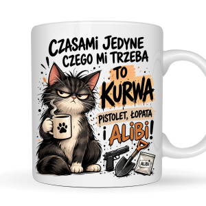 Kubek 330 ml z zabawnym kotem – Czasami jedyne czego mi trzeba to kur**wa pistolet, łopata i alibi, śmieszny prezent