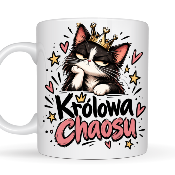Kubek 330 ml Królowa Chaosu z kotem w koronie – zabawny prezent dla kobiety, miłośniczki kotów i królowej własnych zasad
