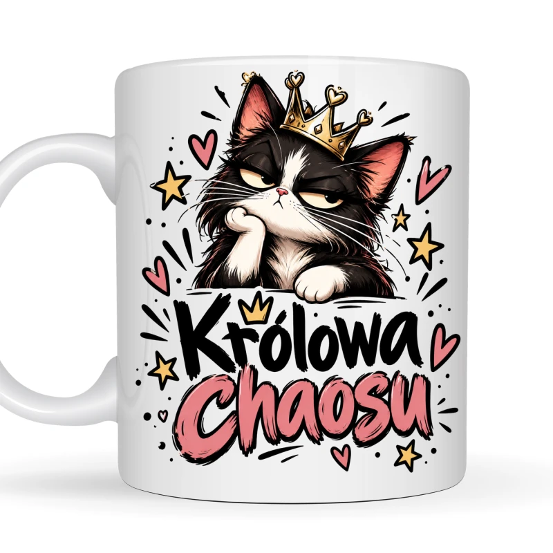 Kubek 330 ml Królowa Chaosu z kotem w koronie – zabawny prezent dla kobiety, miłośniczki kotów i królowej własnych zasad