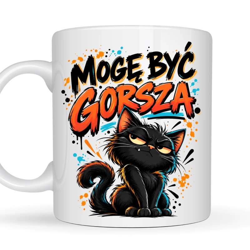 Kubek 330 ml „Mogę być gorsza” z czarnym kotem – śmieszny prezent dla kobiety z charakterem
