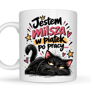 Kubek 330 ml „Jestem milsza w piątek po pracy” z czarnym kotem – śmieszny prezent dla pracoholiczki
