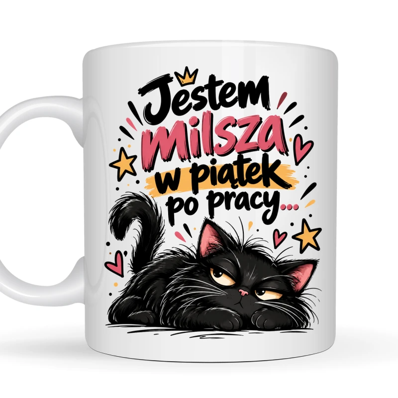 Kubek 330 ml „Jestem milsza w piątek po pracy” z czarnym kotem – śmieszny prezent dla pracoholiczki