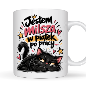 Kubek 330 ml „Jestem milsza w piątek po pracy” z czarnym kotem – śmieszny prezent dla pracoholiczki