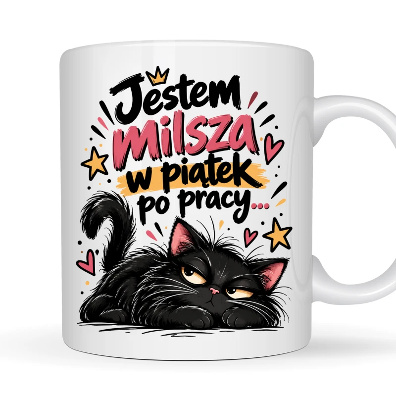 Kubek 330 ml „Jestem milsza w piątek po pracy” z czarnym kotem – śmieszny prezent dla pracoholiczki