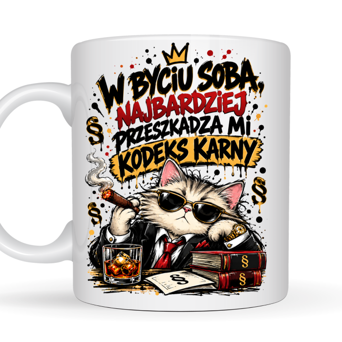 Kubek 330 ml z kotem gangsterem – W byciu sobą najbardziej przeszkadza mi kodeks karny, śmieszny kubek z czarnym humorem na prezent