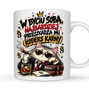 Kubek 330 ml z kotem gangsterem – W byciu sobą najbardziej przeszkadza mi kodeks karny, śmieszny kubek z czarnym humorem na prezent