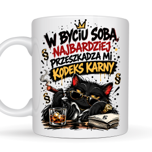 Kubek 330 ml z kotem gangsterem – W byciu sobą najbardziej przeszkadza mi kodeks karny, śmieszny kubek z czarnym humorem na prezent 2