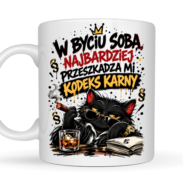 Kubek 330 ml z kotem gangsterem – W byciu sobą najbardziej przeszkadza mi kodeks karny, śmieszny kubek z czarnym humorem na prezent 2