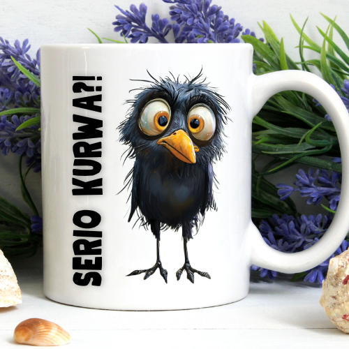Kubek sublimowany 330 ml z ptakiem i napisem „Serio kur**?