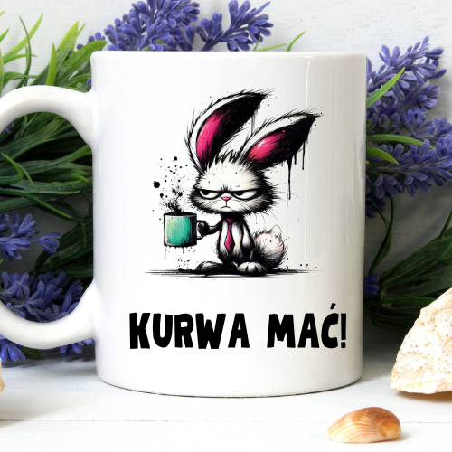 Kubek sublimowany 330 ml z króliczkiem i napisem „Kur* mać!”