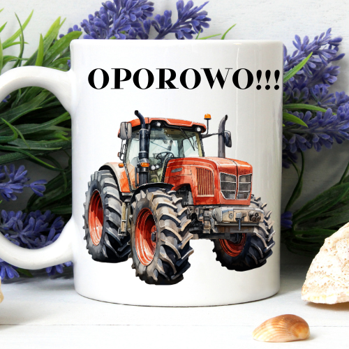 Kubek sublimowany 330 ml z napisem „Oporowo” i grafiką traktora.