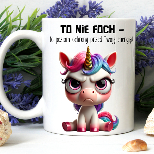 Kubek sublimowany 330 ml z jednorożcem i napisem „To nie foch – to poziom ochrony przed twoją energią” 330 ml