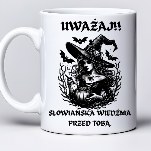 Kubek sublimowany dla wiedźmy z tekstem „Niepokój mnie, a cień połknie Twoje światło” o pojemności 330 ml