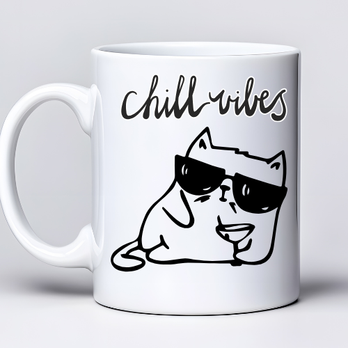 Kubek sublimowany 330 ml z kotem i napisami „Chill Vibes” oraz „Relax and Time”
