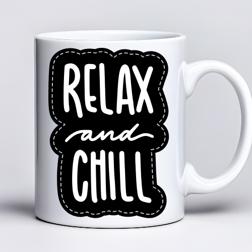 Kubek sublimowany 330 ml z kotem i napisami „Chill Vibes” oraz „Relax and Time”