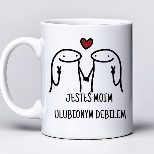 Kubek sublimowany 330 ml z napisem „Jesteś moim ulubionym debilem” i grafiką dwóch zakochanych Florków.