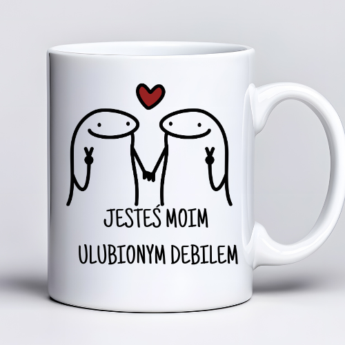 Kubek sublimowany 330 ml z napisem „Jesteś moim ulubionym debilem” i grafiką dwóch zakochanych Florków.