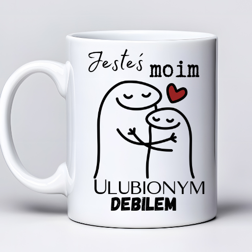 Kubek sublimowany 330 ml z napisem „Jesteś moim ulubionym debilem” i grafiką dwóch przytulających się Florków.