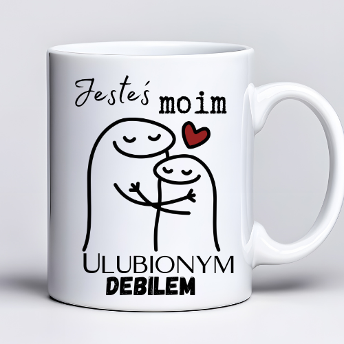 Kubek sublimowany 330 ml z napisem „Jesteś moim ulubionym debilem” i grafiką dwóch przytulających się Florków.