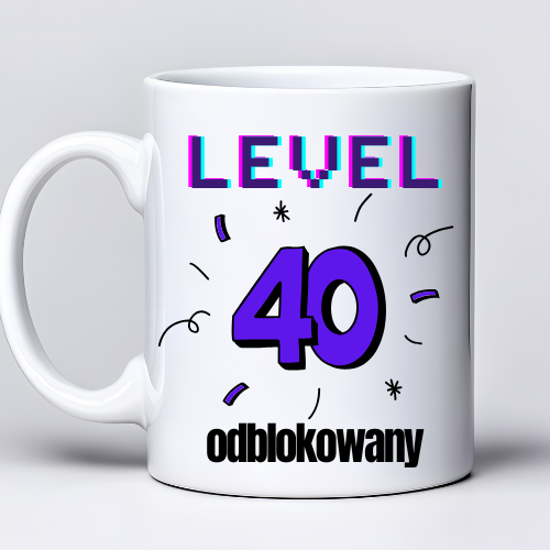 Kubek 330 ml z tekstem „Level 40 odblokowany” i grafiką w stylu gamingowym