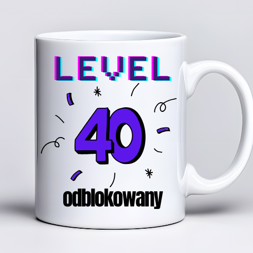 Kubek 330 ml z tekstem „Level 40 odblokowany” i grafiką w stylu gamingowym