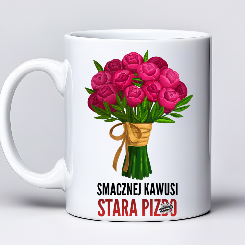Kubek 330 ml z tekstem „Smacznej kawusi, stara PI#DO” i grafiką bukietu kwiatów