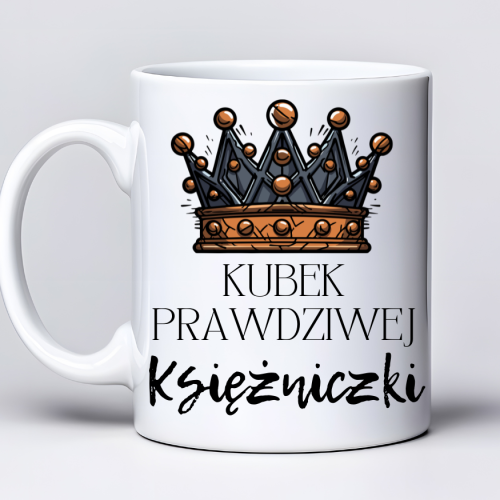 Kubek 330 ml z tekstem „Kubek prawdziwej księżniczki” i czarną grafiką pięknej księżnej