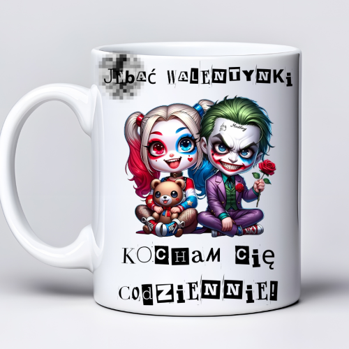 Kubek 330 ml z tekstem „J*bać Walentynki, kocham cię codziennie!” i grafiką Harley &amp; Joker