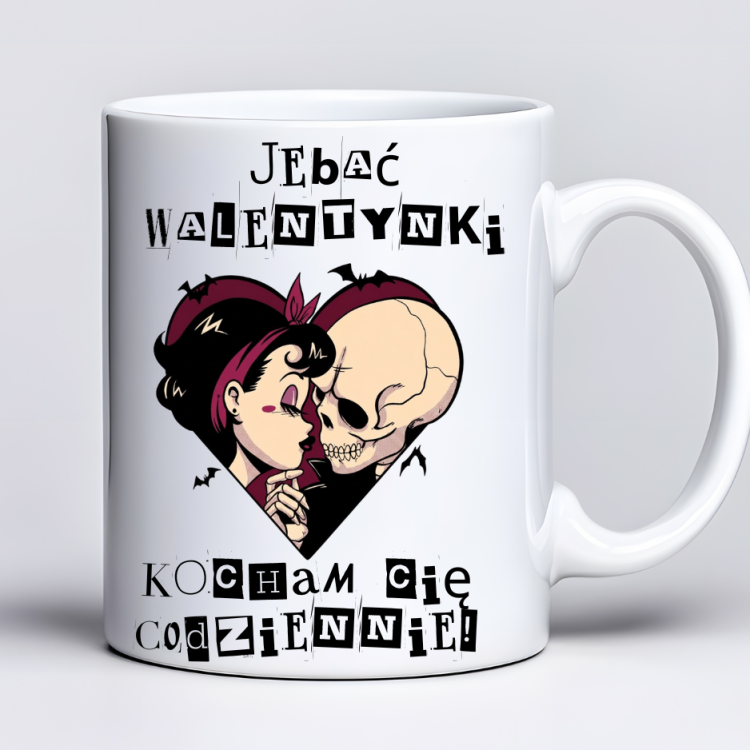 Kubek 330 ml z tekstem „J*bać Walentynki, kocham cię codziennie!” i grafiką zakochanych