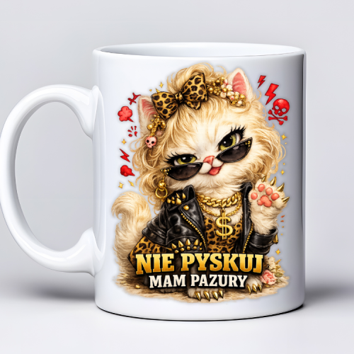 Kubek 330 ml z tekstem „Nie pyskuj mam pazury” i grafiką zadziornej kotki w stylu glamour
