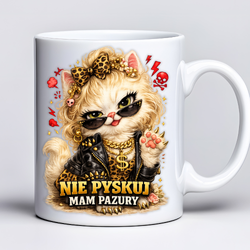 Kubek 330 ml z tekstem „Nie pyskuj mam pazury” i grafiką zadziornej kotki w stylu glamour