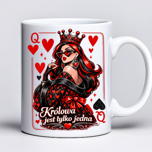 Kubek 330 ml z tekstem Królowa jest tylko jedna i grafiką Queen w czerwono-czarnym stylu – prezent dla kobiety