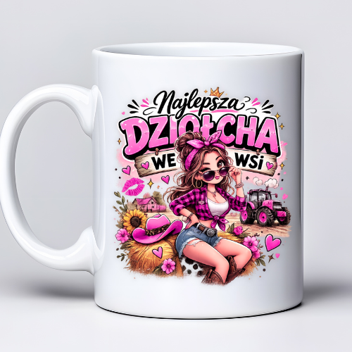Kubek 330 ml z tekstem Najlepsza Dziołcha we wsi i grafiką dziewczyny w stylu country – prezent dla kobiety