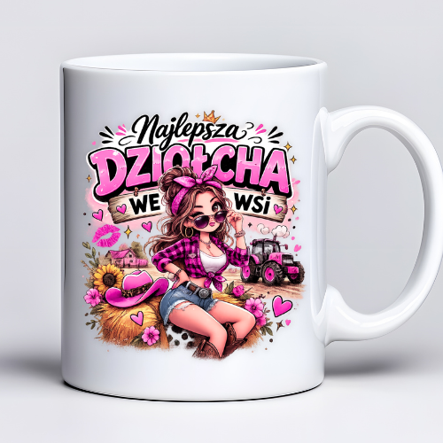 Kubek 330 ml z tekstem Najlepsza Dziołcha we wsi i grafiką dziewczyny w stylu country – prezent dla kobiety