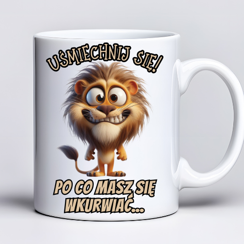 Kubek z nadrukiem 330ml z napisem Uśmiechnij się po co masz się wk***ać