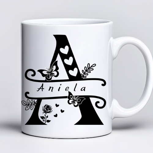 Kubek z nadrukiem 330ml z imieniem Aniela litera A kwiaty serca personalizowany kubek dla niej z możliwością zmiany imienia na literę A prezent