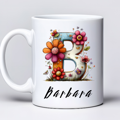 Kubek z nadrukiem 330ml z imieniem Barbara i literą B w kwiatowym stylu ersonalizowany kubek dla niej z możliwością zmiany imienia na literę B
