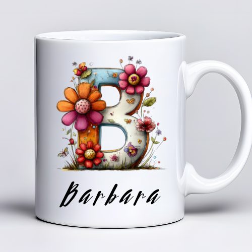 Kubek z nadrukiem 330ml z imieniem Barbara i literą B w kwiatowym stylu ersonalizowany kubek dla niej z możliwością zmiany imienia na literę B