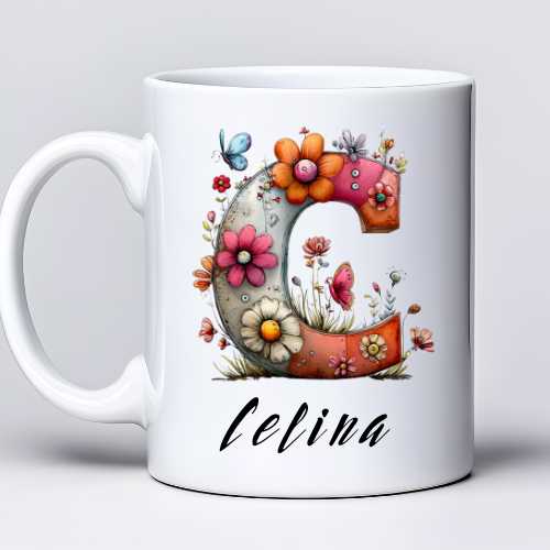 Kubek z nadrukiem 330ml z imieniem Celina i literą C w kwiatowym stylu personalizowany kubek dla niej z możliwością zmiany imienia na literę C