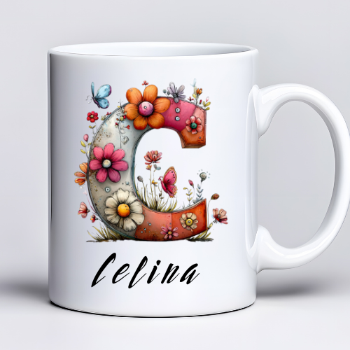 Kubek z nadrukiem 330ml z imieniem Celina i literą C w kwiatowym stylu personalizowany kubek dla niej z możliwością zmiany imienia na literę C